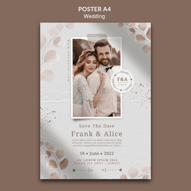 PSD gratuito poster a4 per la celebrazione del matrimonio con foglie