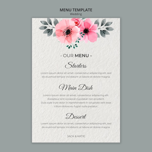 Modello di menu concetto di matrimonio