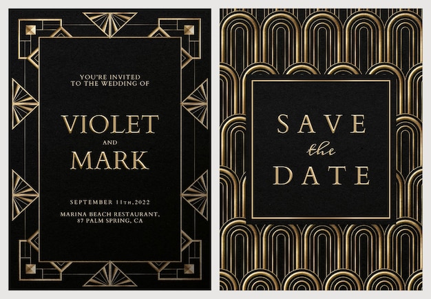 無料PSD 暗い背景に幾何学的なアールデコスタイルの結婚式の招待カードpsdセットテンプレート