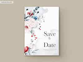 PSD gratuito modello di carta dell'invito di nozze con l'acquerello della struttura floreale dei fiori rossi e blu