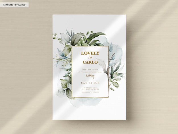 無料PSD 水彩画の葉を持つ結婚式の招待カードテンプレート