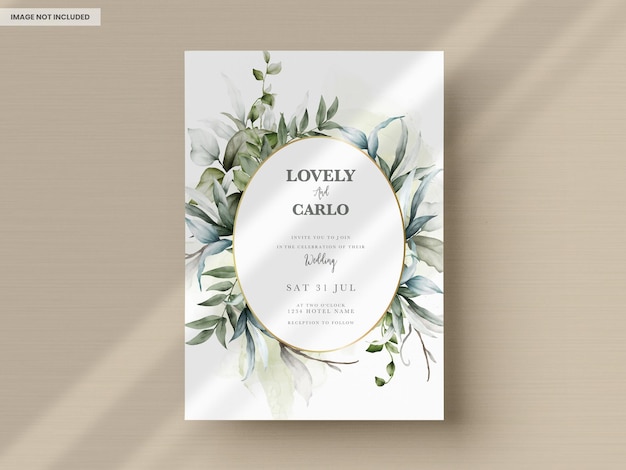 Wedding invitation card template with watercolor leaves