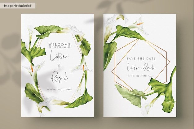 無料PSD 白いオランダカイウユリの花の水彩画と結婚式の招待状カード テンプレート