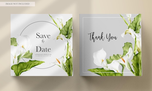 Wedding invitation card template with white calla lily flower watercolor