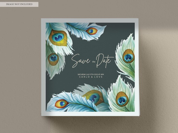 Free PSD wedding invitation card with beautiful floral and peacock feather