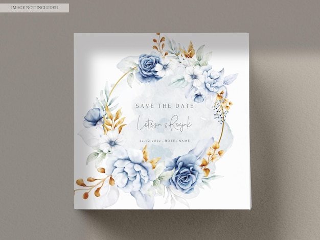 wedding invitation card with beautiful white blue and gold floral