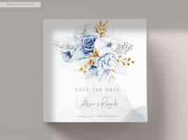 PSD gratuito carta di invito a nozze con bellissimi fiori bianchi blu e oro