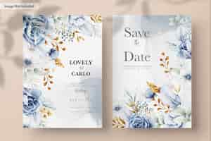 Free PSD wedding invitation card with beautiful white blue and gold floral