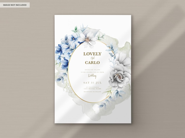 PSD gratuito carta di invito a nozze con fiori blu e grigi