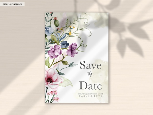 Free PSD wedding invitation card with flowers and leaves watercolor