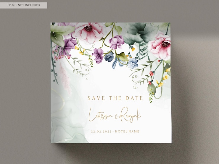 Free PSD wedding invitation card with flowers and leaves watercolor