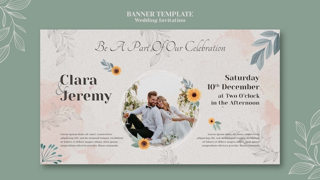 wedding invitation horizontal banner template with couple and flowers