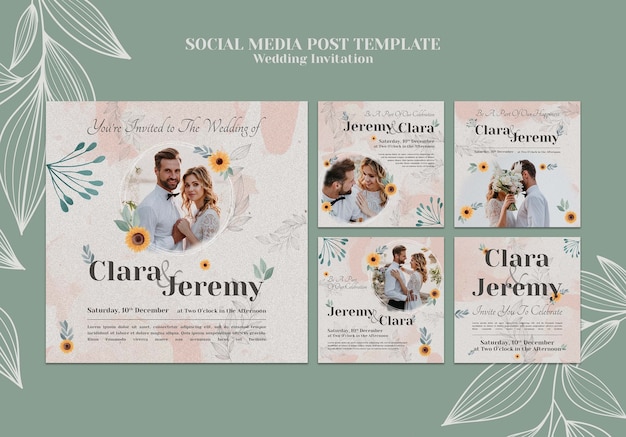 Free PSD wedding invitation instagram posts collection with couple and flowers