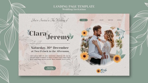 wedding invitation landing page template with couple and flowers