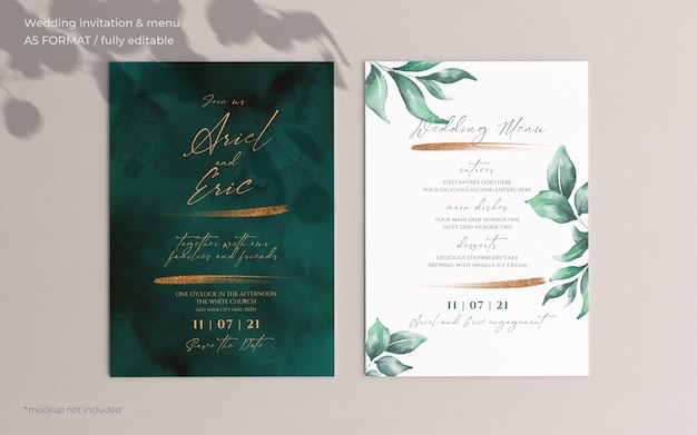 結婚式の招待状と美しい葉を持つメニューテンプレート