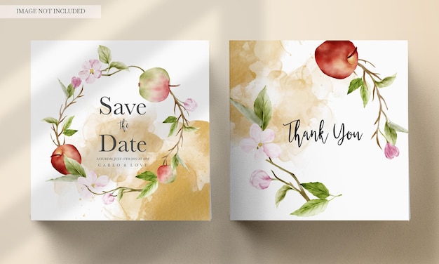 Wedding invitation template set with watercolor apple fruit and floral decoration