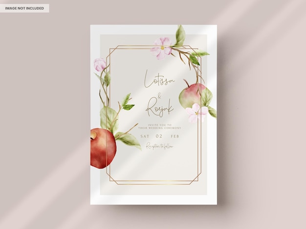 結婚式の招待状のテンプレート セット水彩リンゴ果実と花の装飾