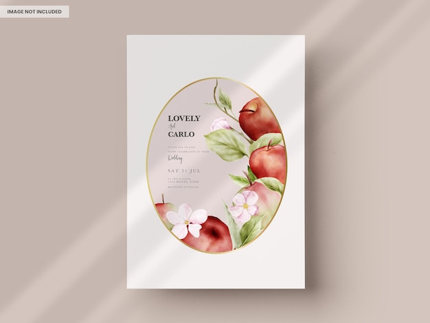 Free PSD wedding invitation template set with watercolor apple fruit and floral decoration