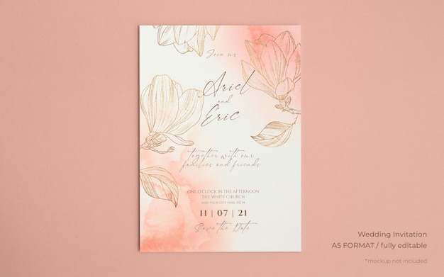 Wedding invitation template with golden magnolias