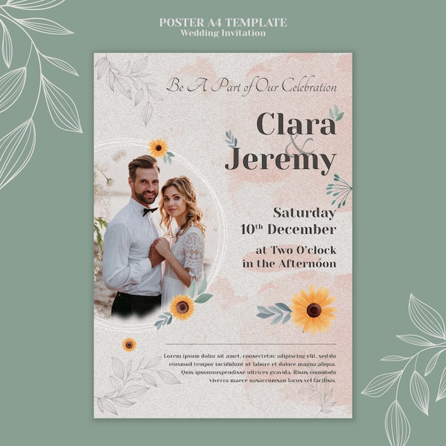 Free PSD wedding invitation vertical poster template with couple and flowers