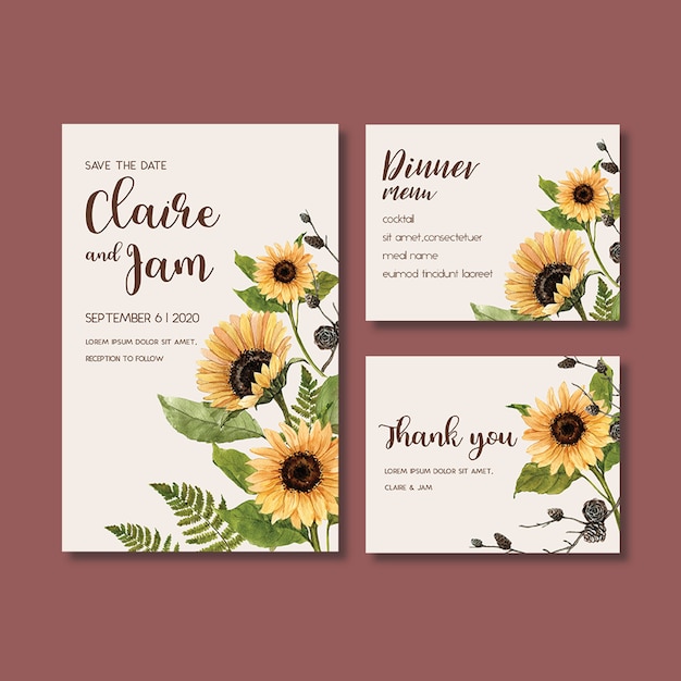 PSD gratuito acquerello invito matrimonio con bellissimo tema girasole