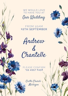 Свадебные приглашения с синими и фиолетовыми цветами