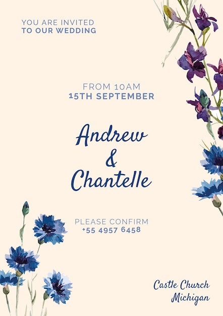 Wedding Invitation With Blue And Purple Painted Flowers