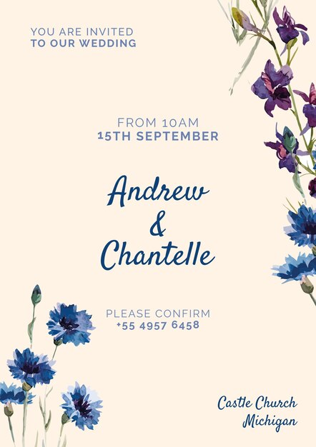 Wedding invitation with blue and purple painted flowers