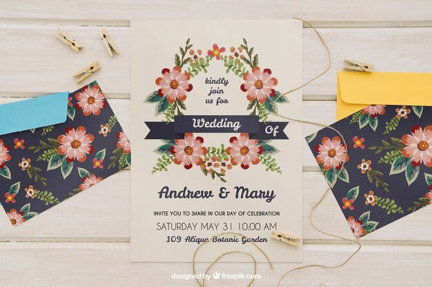 Wedding invitation with envelopes and cord with clothespins