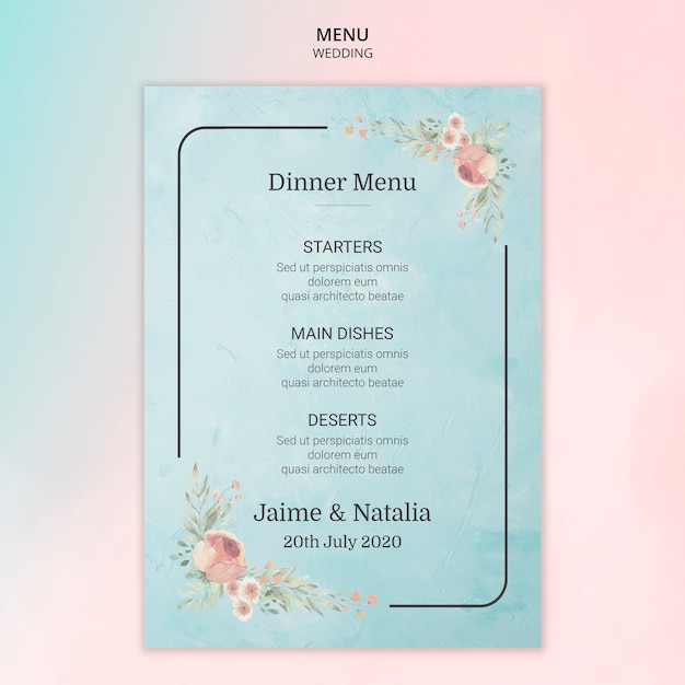 Free PSD wedding menu card with flowers