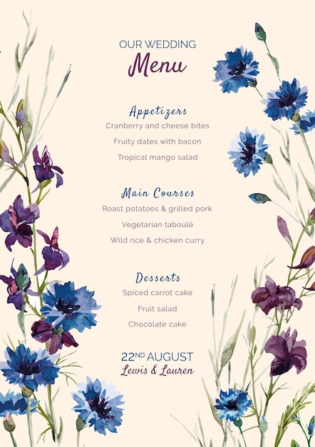 PSD gratuito menu di nozze con fiori viola e blu