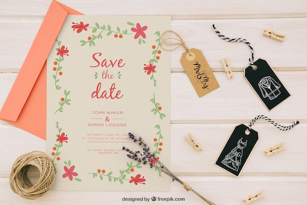 Wedding mock up with invitation and complements | PSD Templates