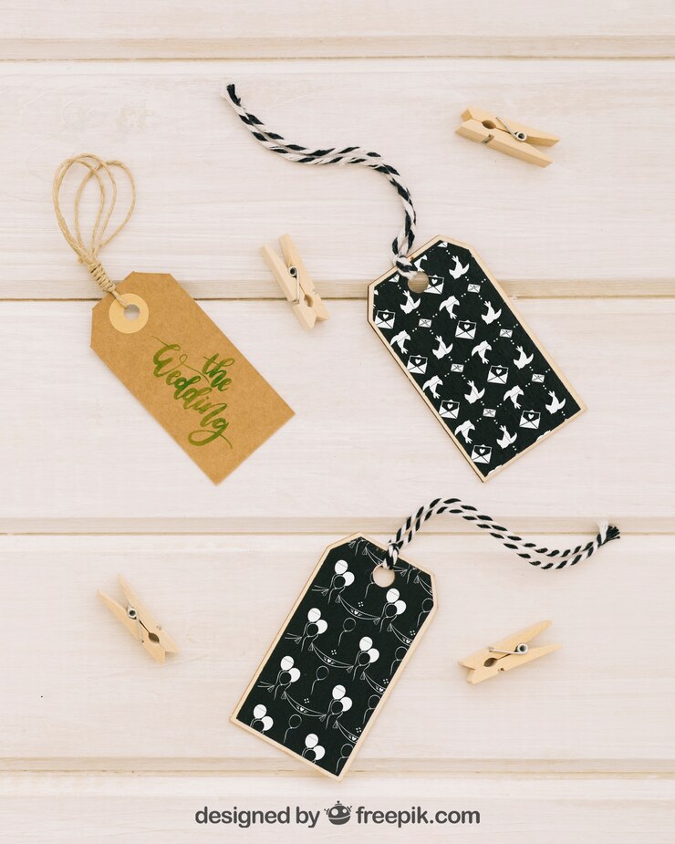 Free PSD wedding mock up with labels and clothespins