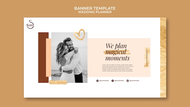 Modello di banner orizzontale wedding planner con segni di penna d'oro