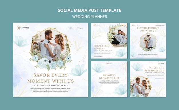 Free PSD wedding planner instagram posts collection with watercolor floral design