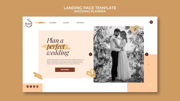 Free PSD wedding planner landing page template with golden pen marks