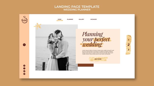 Wedding planner landing page template with golden pen marks