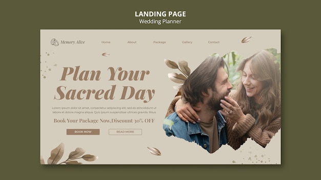 Modello di pagina di destinazione del pianificatore di matrimoni con foglie ad acquerello