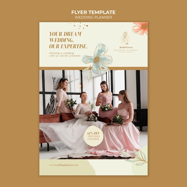 Free PSD wedding planner vertical flyer template with watercolor floral design