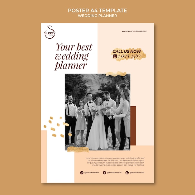 Free PSD wedding planner vertical poster template with golden pen marks