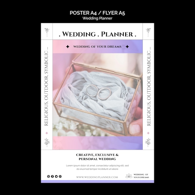 PSD gratuito modello di poster verticale per wedding planner con colori pastello sfumati