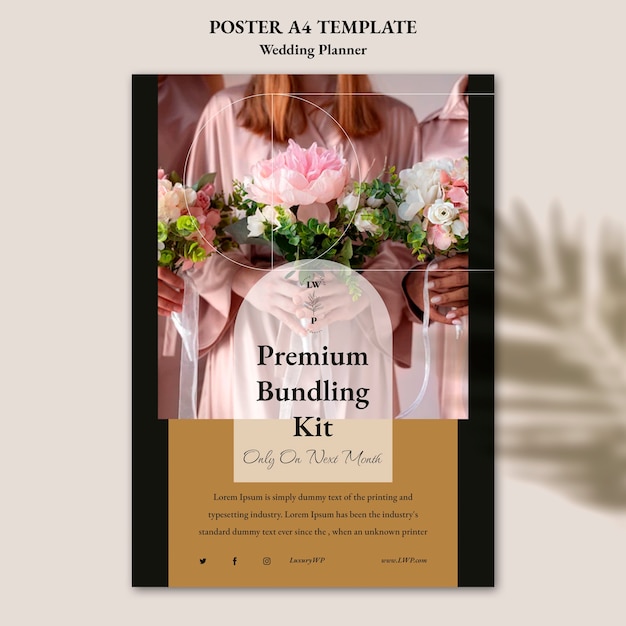 PSD gratuito modello di poster verticale per wedding planner con design a foglia d'ombra