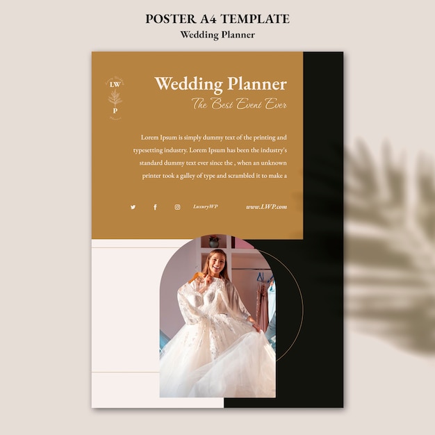 Free PSD wedding planner vertical poster template with leaf shadow design