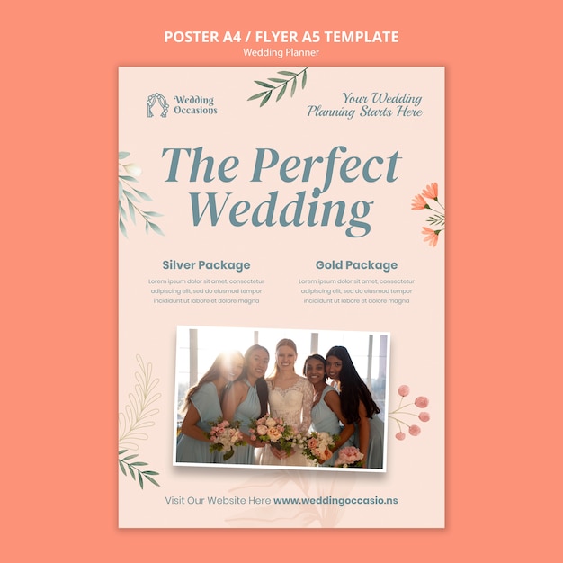 Free PSD wedding planner vertical poster template with watercolor floral design