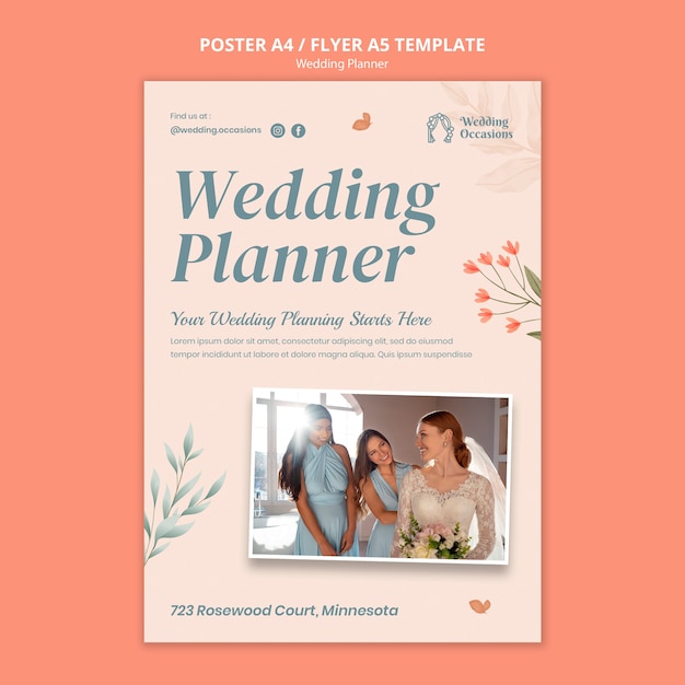 PSD gratuito modello di poster verticale di wedding planner con disegno floreale ad acquerello