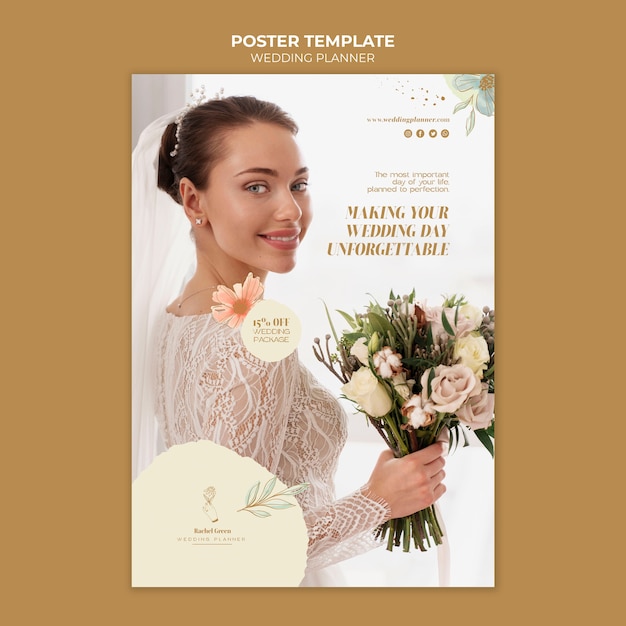 Free PSD wedding planner vertical poster template with watercolor floral design