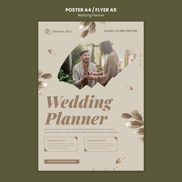 PSD gratuito modello di poster verticale di wedding planner con foglie ad acquerello