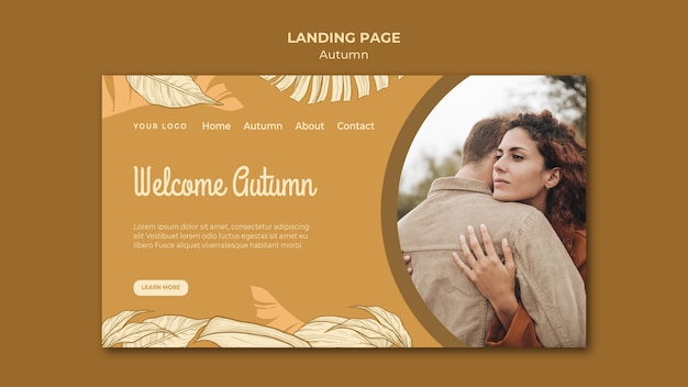 Free PSD welcome autumn couple hugging landing page