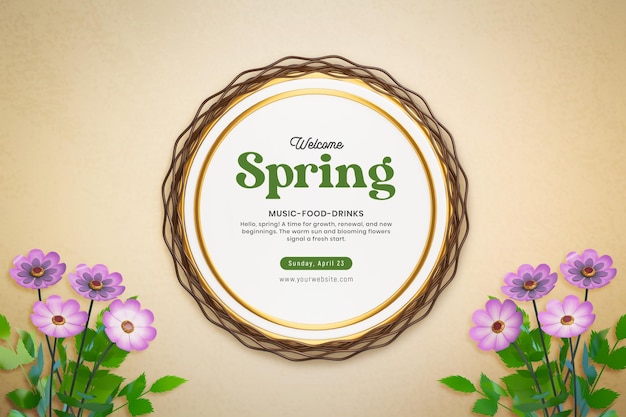 무료 PSD 피는 꽃 서식 파일이 포함된 환영 봄 인사말 카드 및 초대장