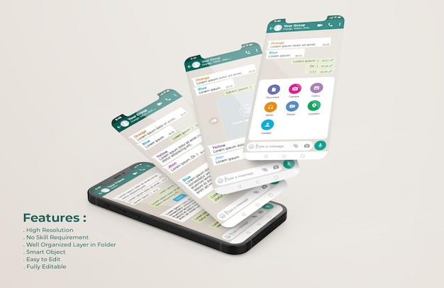 Premium PSD | Whatsapp interface template on mobile phone and ui ux app presentation mockup